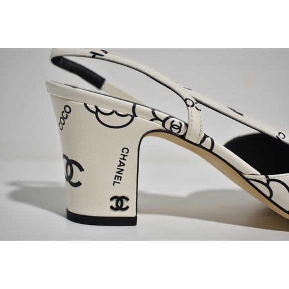 Chanel 23P Mademoiselle Coco Sling White Black CC Logo Slingback Sandal Heel 37 - Picture 4 of 12